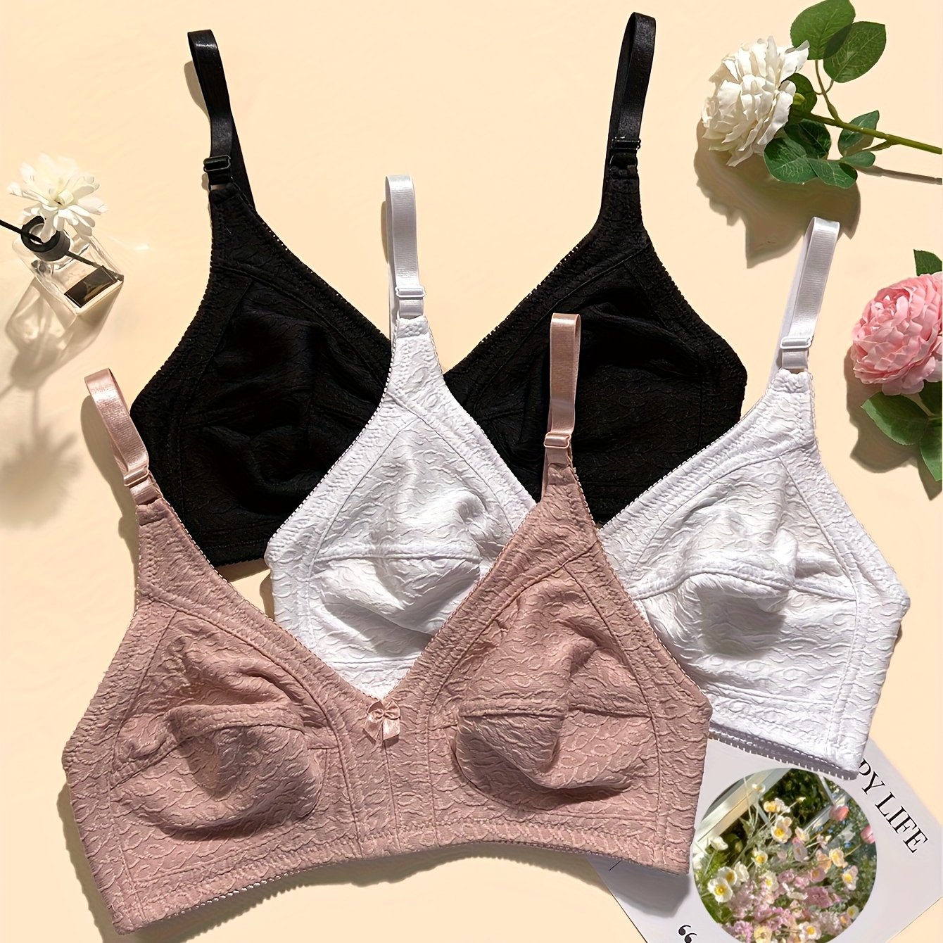 TEMU 3pcs Plus Size Bra Set, Women's Comfortable Wireless Underwire Bust Support Anti-sag Adjustable Straps Hook-and-eye Closure Cup Lingerie