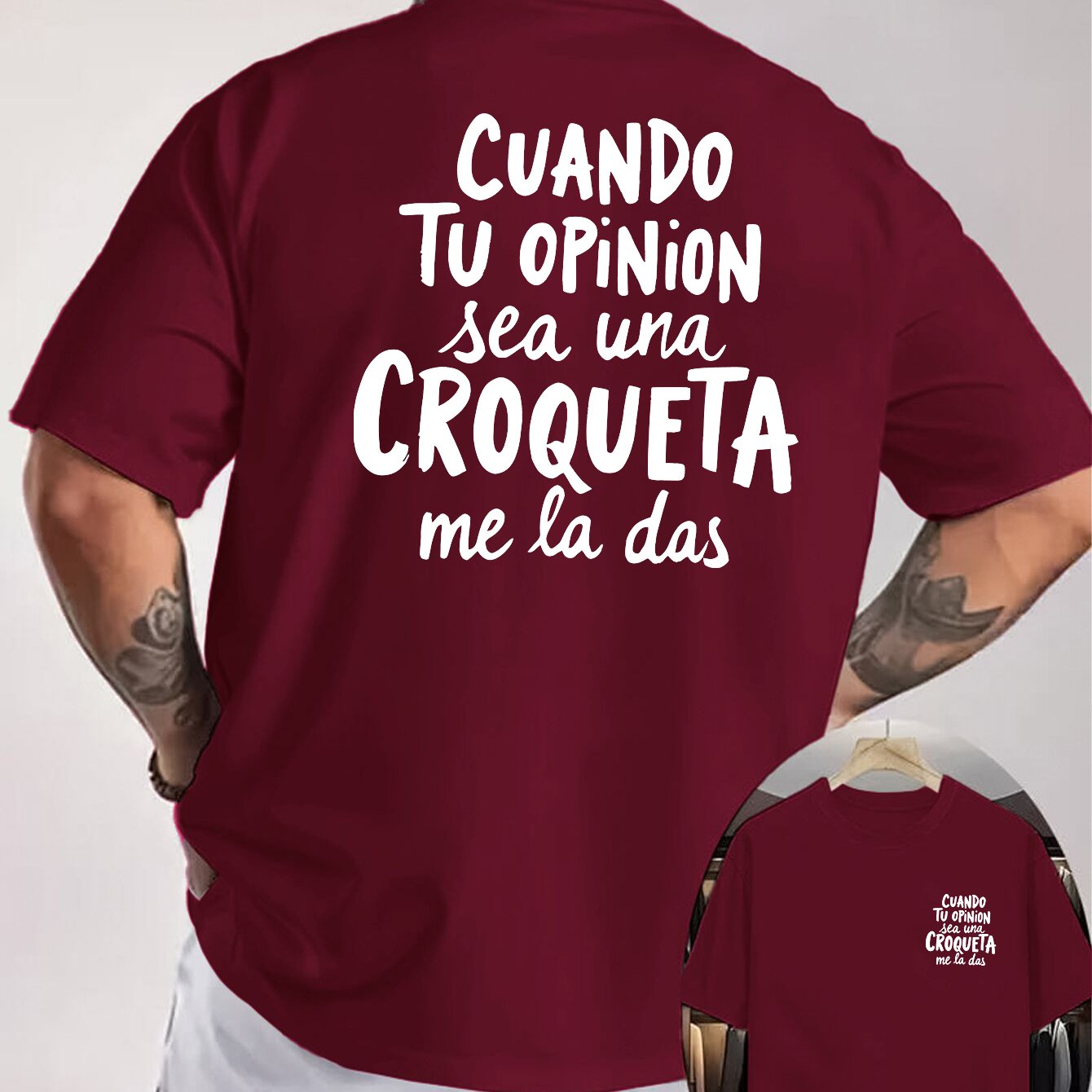 TEMU Camiseta de manga corta para hombre con estampado divertido de comida española: " tu opinión croqueta, dámela a mí". Diseño con estampado grande