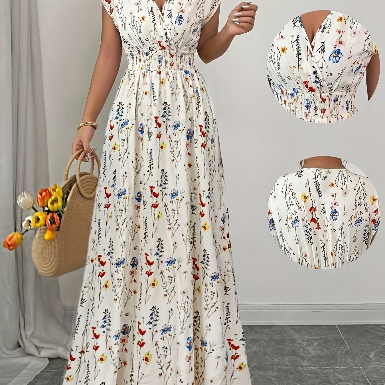 Women's New Printed Waist-cinching Elegant V-neck Long Dress, Suitable For Spring And Summer
