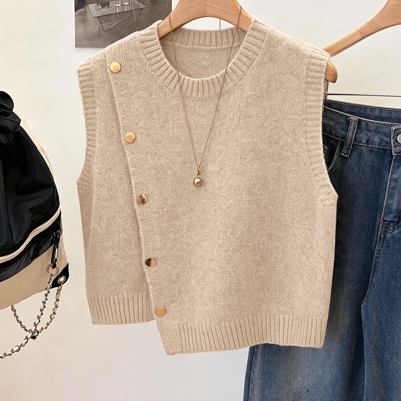 TEMU Slanted Button Crew Neck Vest For Women, Soft Sleeveless Layering Tank Top