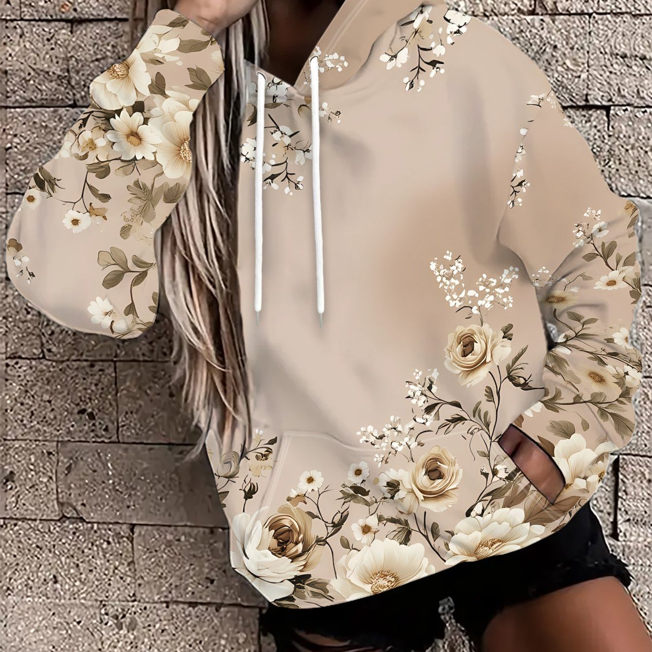TEMU Fashion Women's Loose Style Hoodie, Light Brown Background With Exquisite Floral Print - Stretch, , , Loose Casual, , Embracing Lazy , Infusing