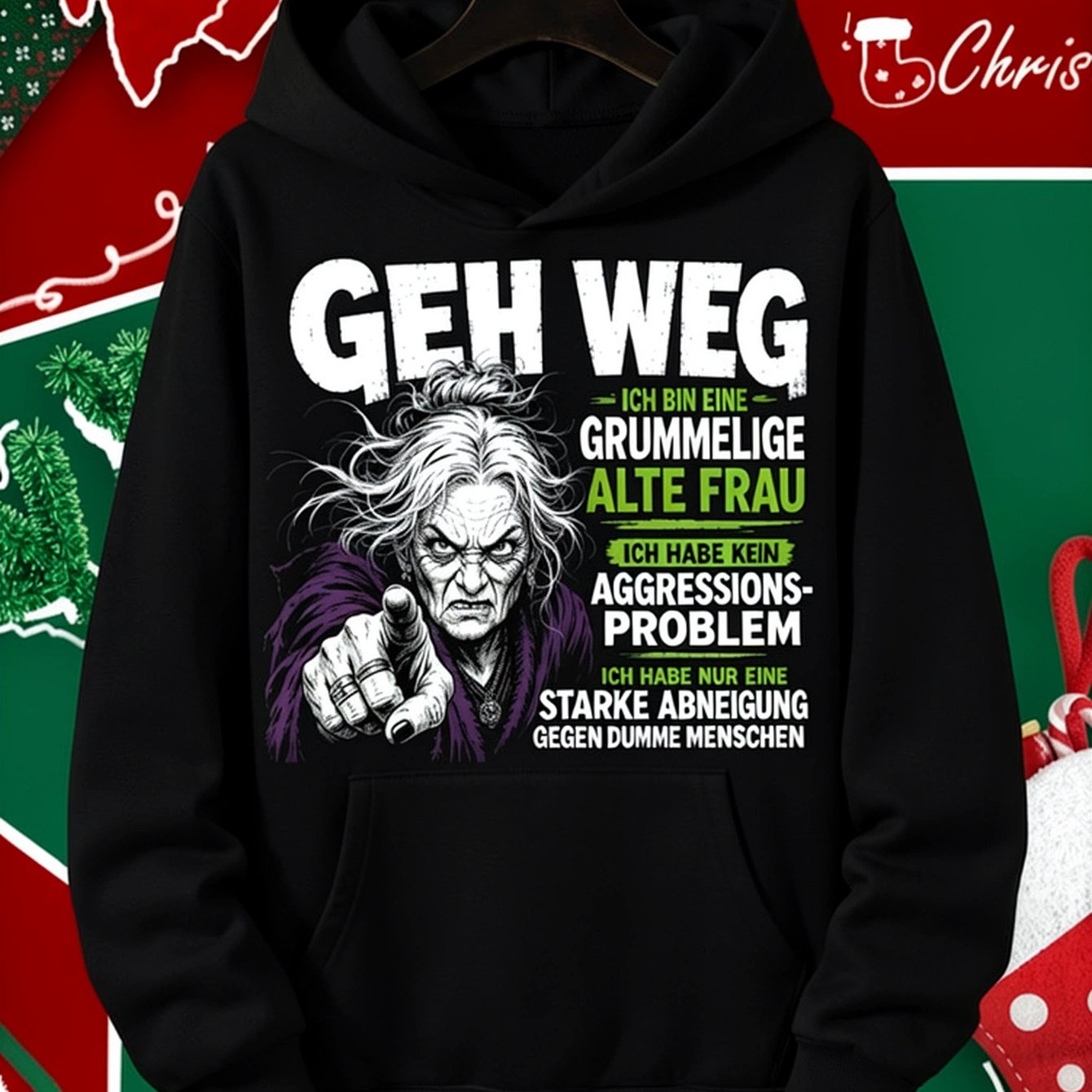 Image of German Old Woman Quote Hoodie, Funny Graphic Hooded Sweatshirt, Unisex Long Sleeve Pullover With Drawstring Hood And Kangaroo Pocket, Casual Streetwear For Fall Winter, Daily Wear And Gifts