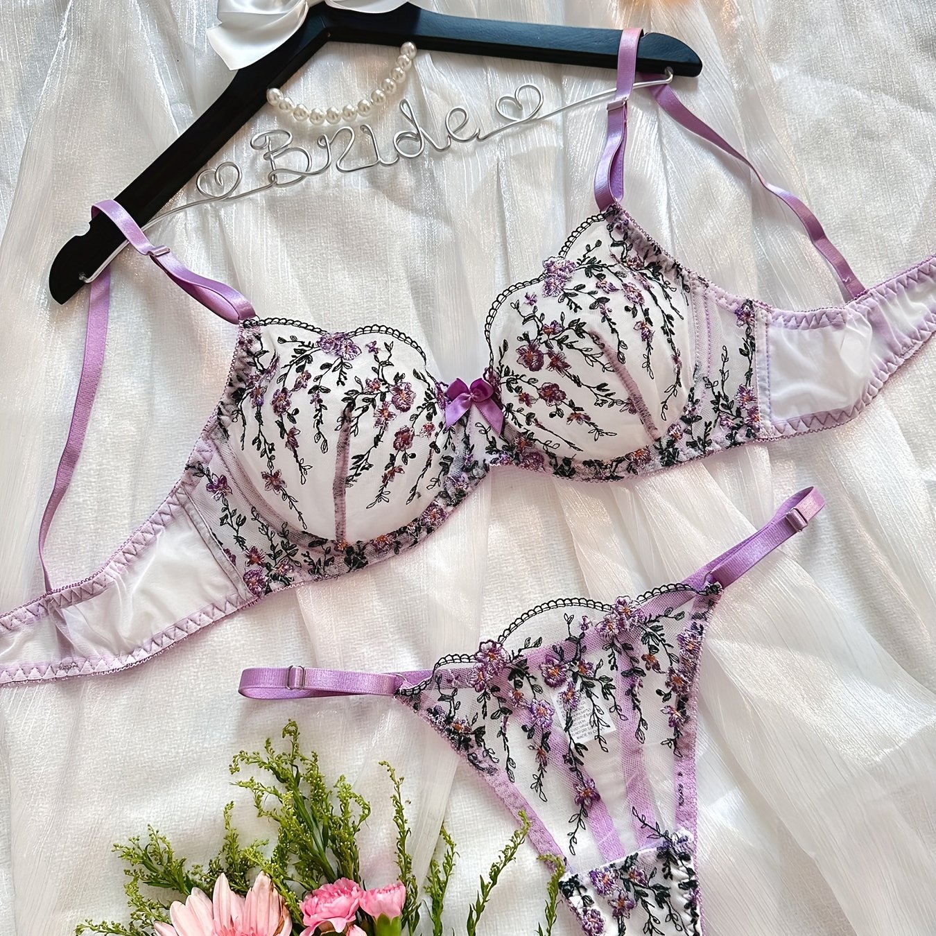 Floral Embroidery Lingerie Set Sheer Unlined Bra Mesh Thong - Temu Italy