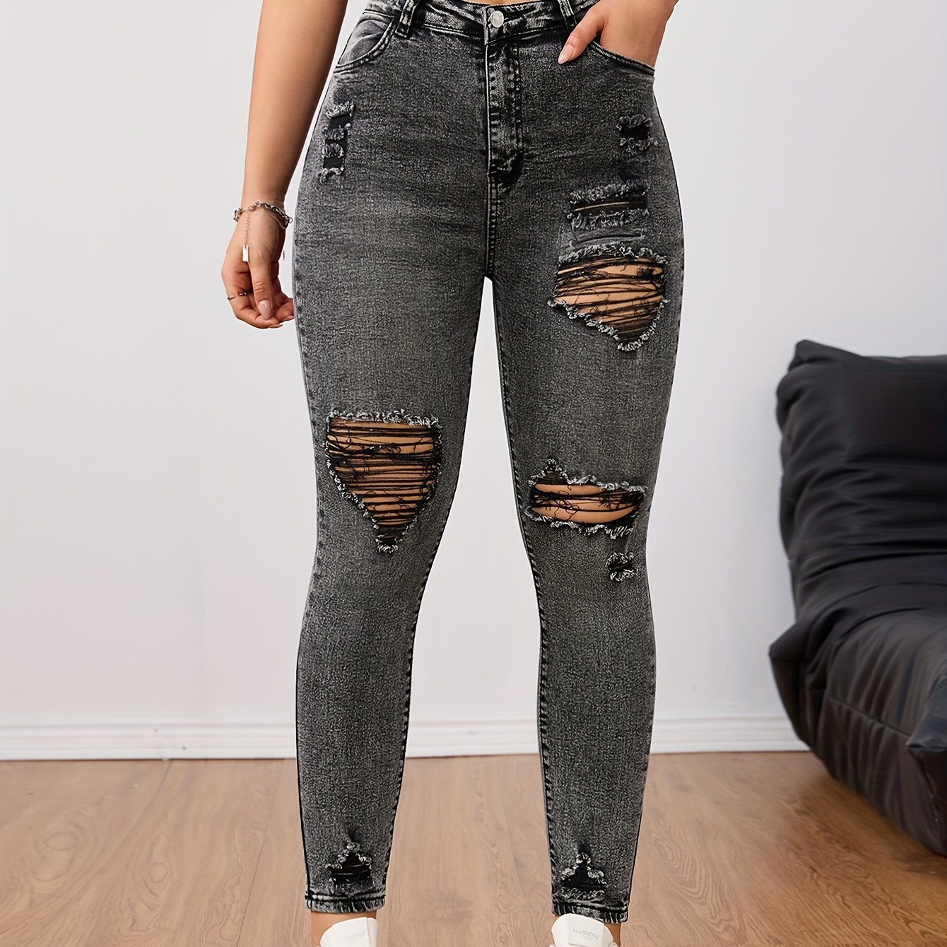 Image of Women's Skinny Jeans - Stretchy Non-belted Pants With -, Skinny Fit Jeans For Everyday & Formal Outfits - Stretch Denim Pants For Women, Versatile Clothing, Durable Fabric, Casual Wear, Trendy Denim