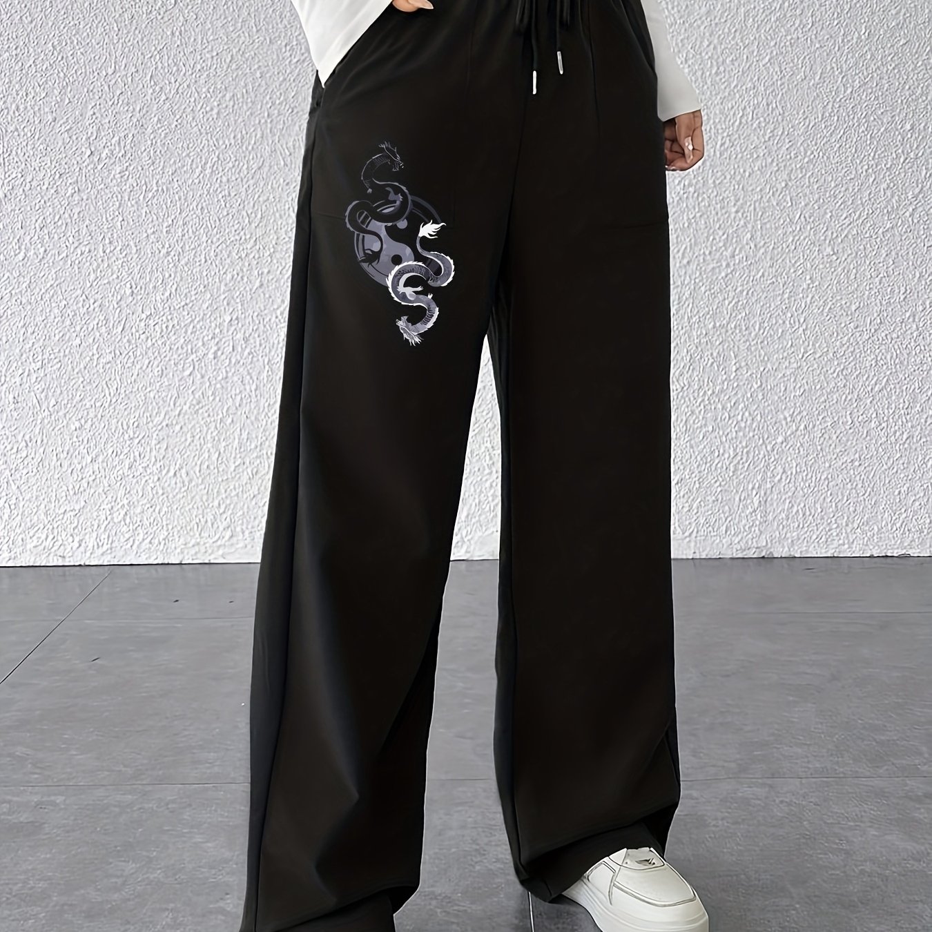 TEMU Loose Straight-leg Pants Featuring A New Chinese Style Double Dragon Tai Chi Pattern, Fashionable And Versatile Casual Long Trousers With A