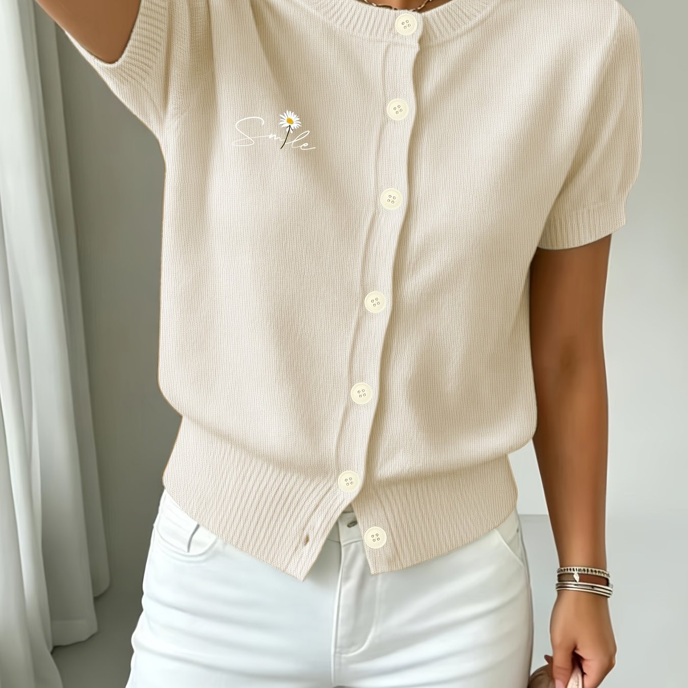 TEMU Women's Textured Cardigan, Round Neck Short Sleeve, Slightly Stretchy Casual Top