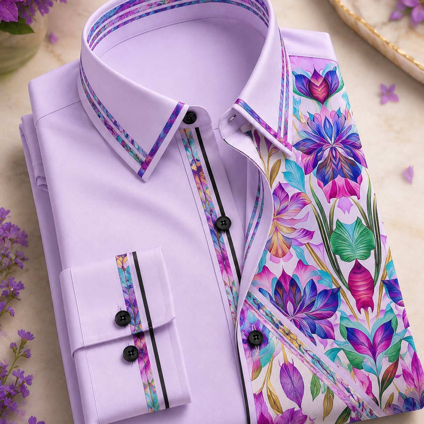Image of Summer 's Doublebutton Collar Longsleeve Floral Shirt Artistic And Elegant For Formal Events Weddings And Parties.