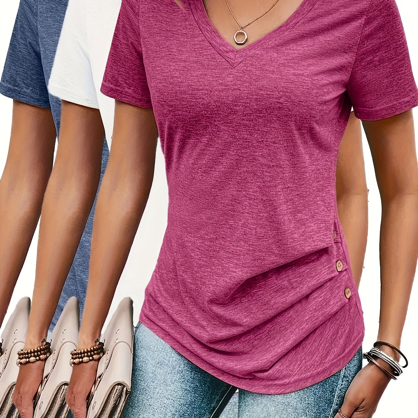Image of 3pcs Women's Casual V-neck Short Sleeve T-shirts - Side Button Detail, Medium Stretch, Machine Washable, Solid Color (blue/grey/purple) For Casual Attire