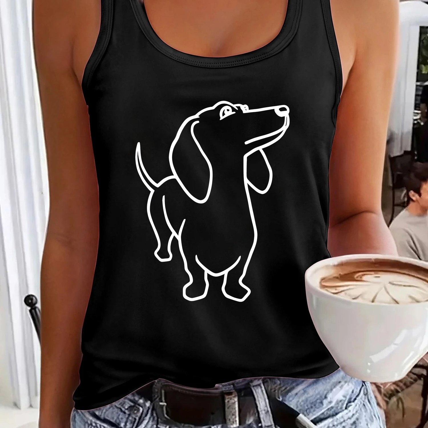 TEMU Women's Sleeveless Dachshund Print Blouse - Soft Breathable Summer Top With Round Neck & Sleeveless Design, Machine Washable Casual Outfit