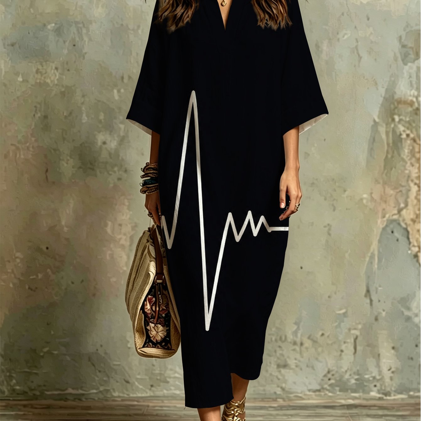 Image of Plus Size, Fashion Women's Kaftan Dress With White Heartbeat , Comfortable, Breathable, Stylish, Loose Fit For Beach, Vacation, Casual Daily Wear