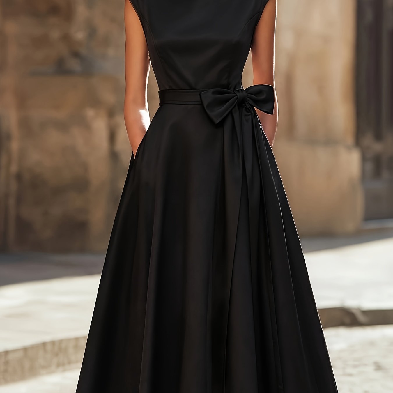 TEMU Directional Mid-length Dress, Boat Neck Sleeveless A-line Gown With Bow Belt, Exquisite Elegant With Pockets Retro Formal Party Dress [jiawen]