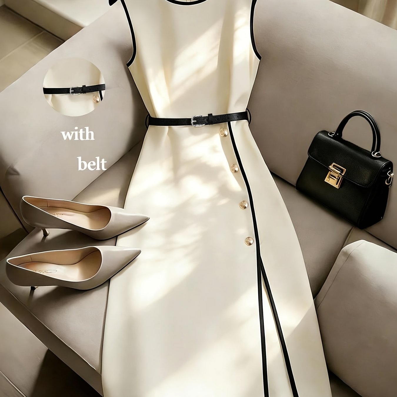 TEMU Women's Spring -block Elegant Mid-length Dress, Women's Valentine's Day Dress, Round Neck Fitted Dress, Vacation Wear