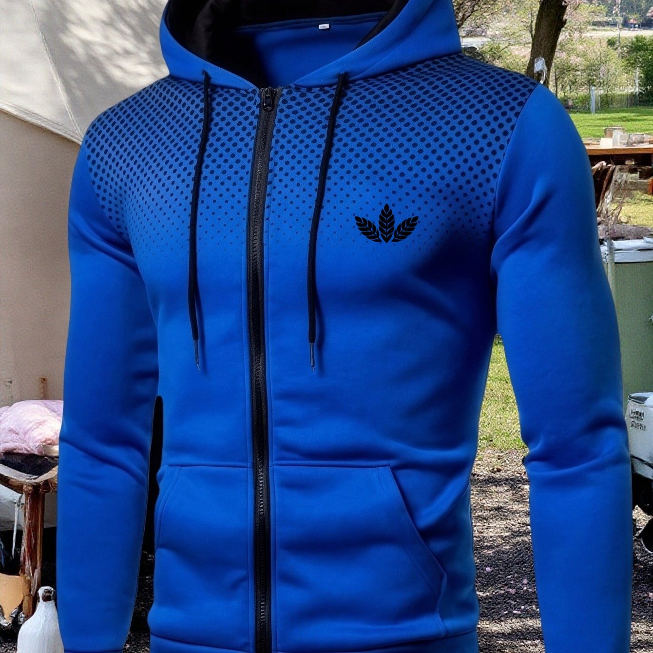 TEMU Men's Hooded Stylish Jacket Featuring A Black Three-leaf Pattern Print, Suitable For Outdoor Activities And Casual Fitness, Autumn Layers