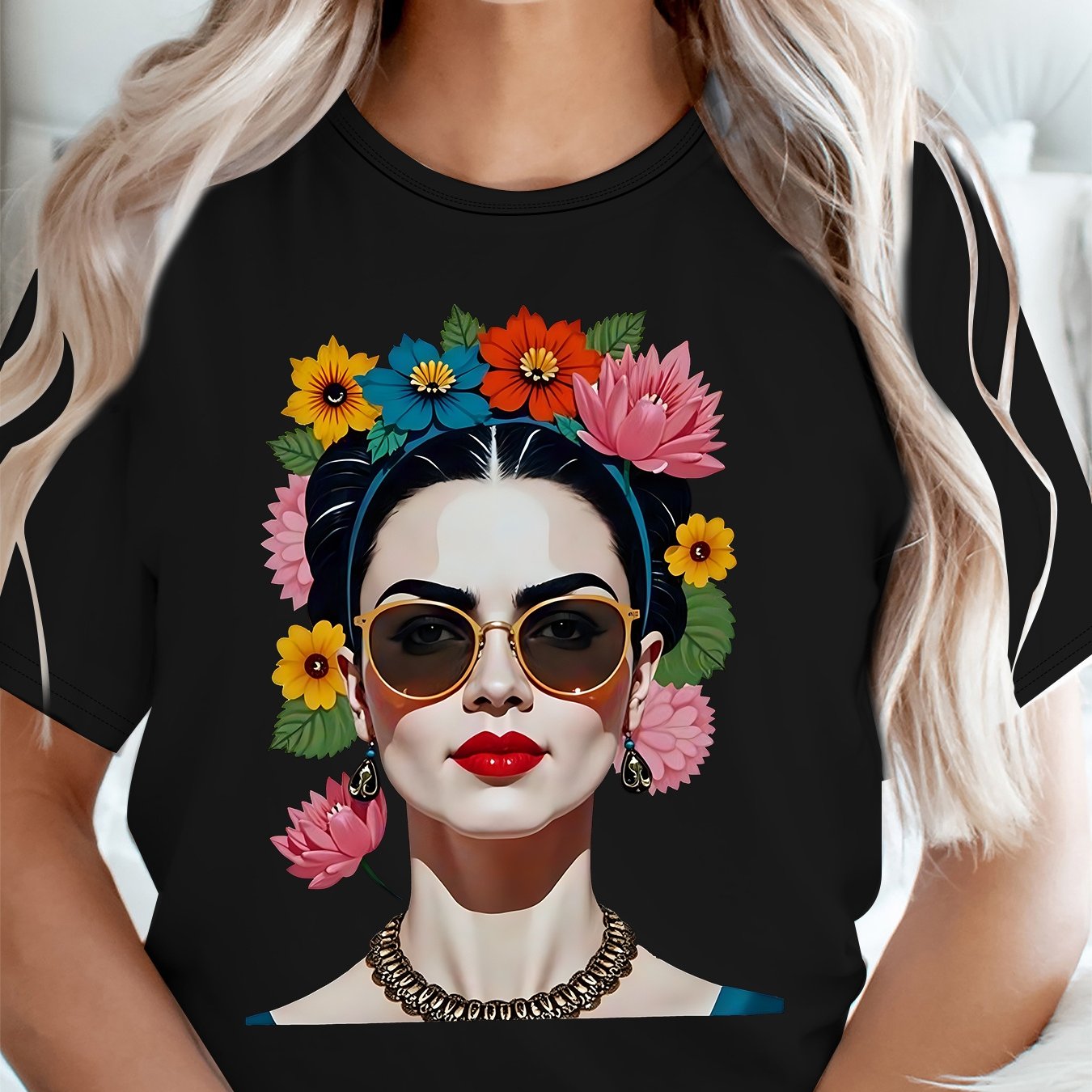 TEMU Plus Size - Plus Size - Colorful Floral Character Graphic Plus Size Short Sleeve T-shirt Women's Big Size Apparel Street Style Top For Curvy