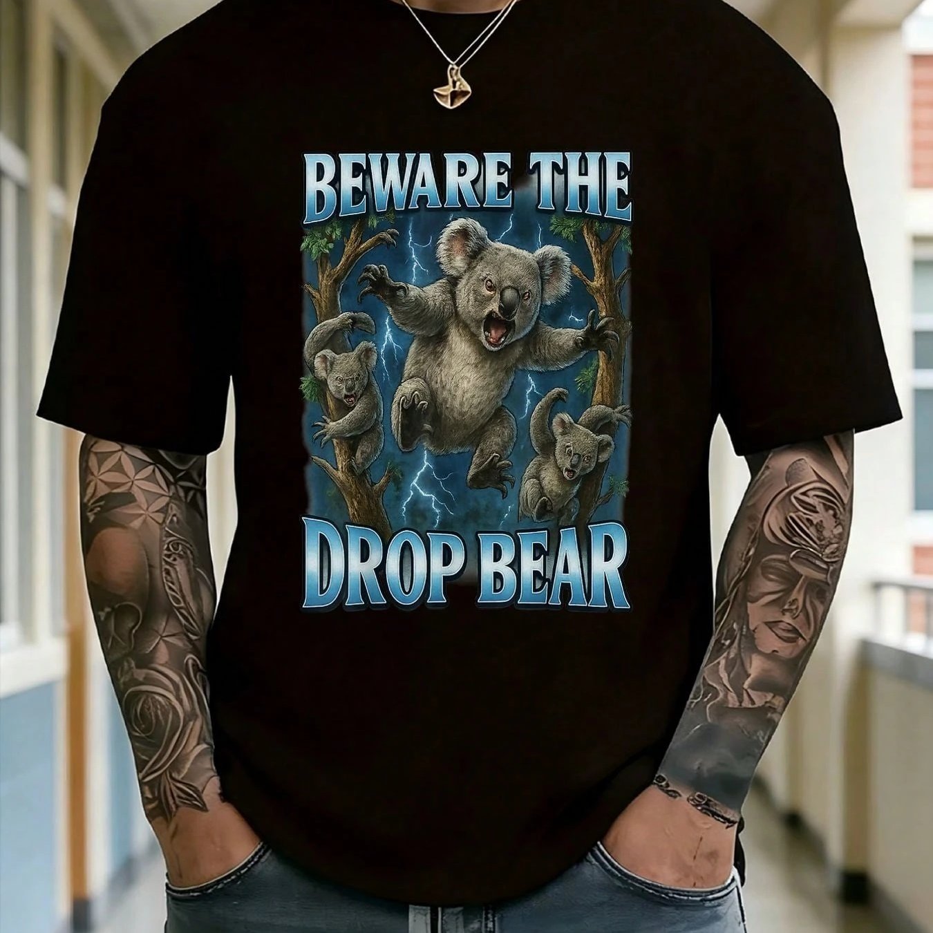 TEMU Men's Beware The Funny Australian Wildlife Graphic With Koala Design Black Crew Neck Short Sleeve Breathable Casual Suitable For Travelers