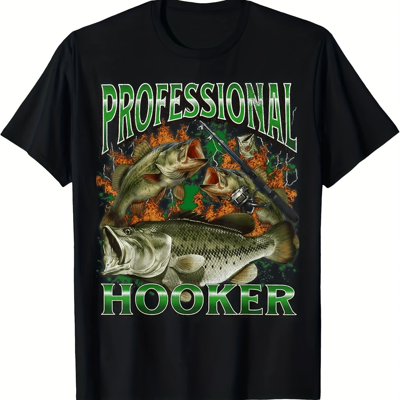 TEMU T-shirt humoristique "Pêcheur professionnel légèrement agacé" en tissu doux à col rond, imprimé graphique comique, haut noir décontracté pour
