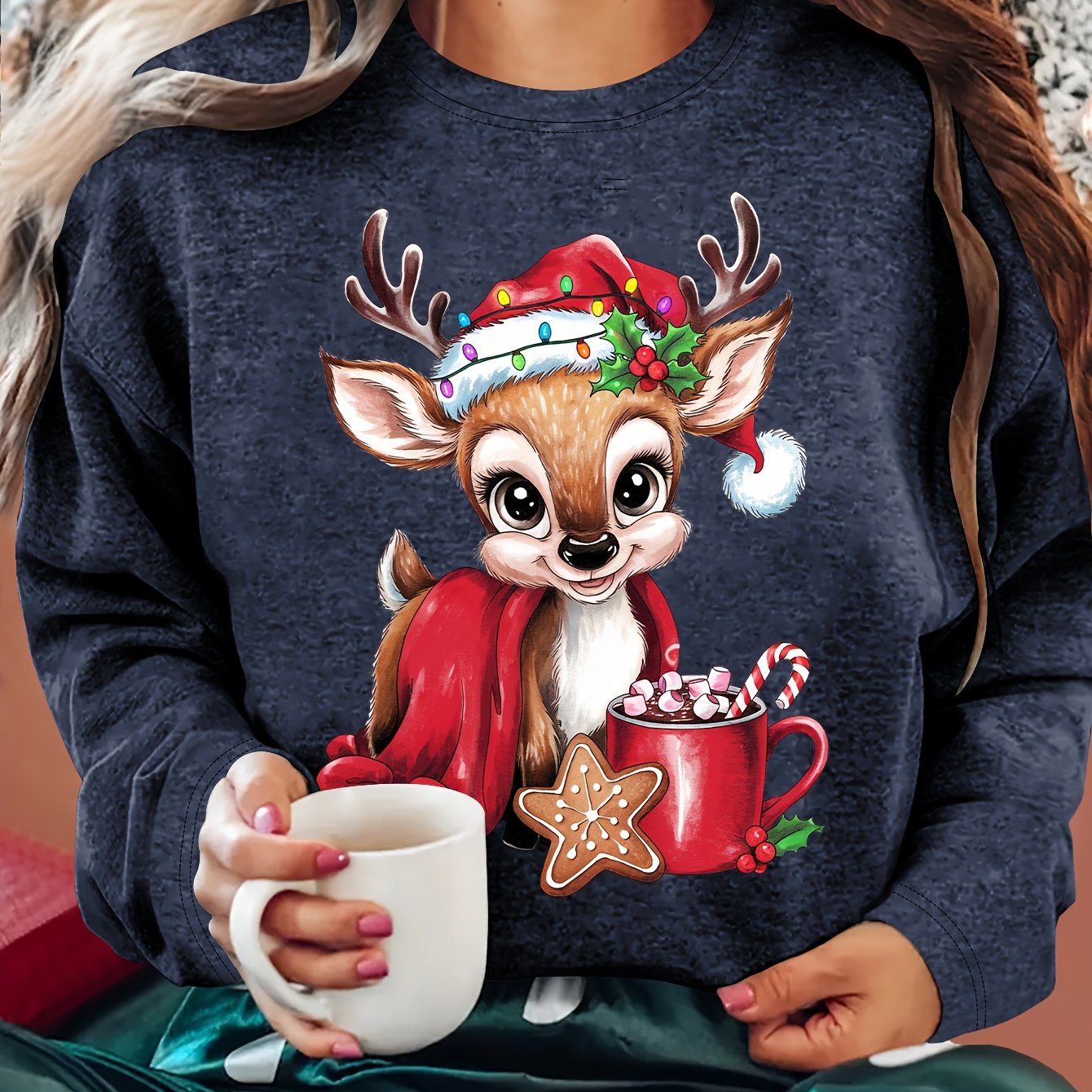 TEMU Ladies' Christmas Outfit: Autumn Women's Clothing Featuring A Colorful Light Christmas Hat, Reindeer Print, Round Neck Long Sleeve T-shirt.
