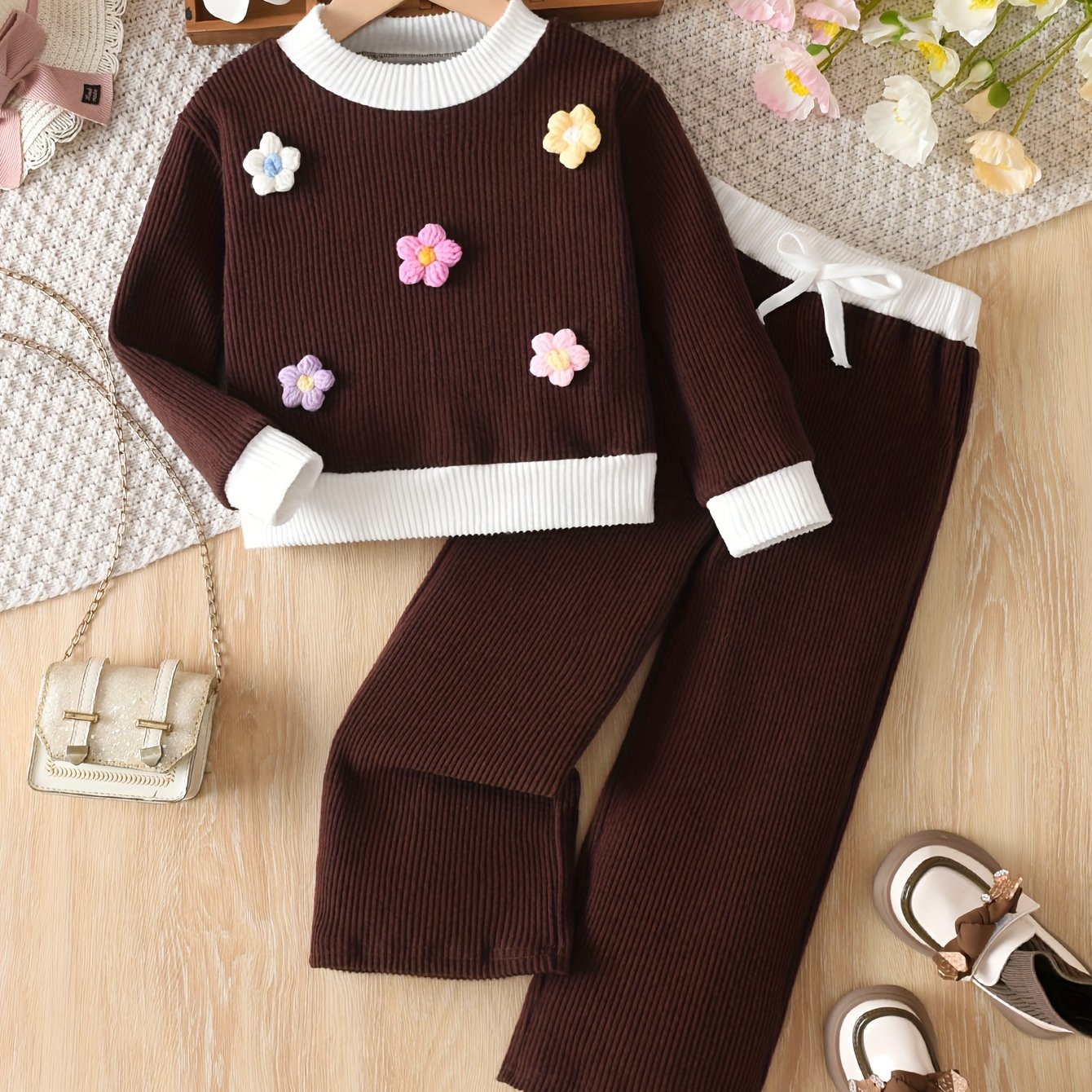 E-shop Mädchen 2-teiliger gestreifter Anzug für Frühling Herbst mit Rundhals-Langarm-Pullover-Oberteil mit Blumendekor & lässig meliertem Hosen-Set mit