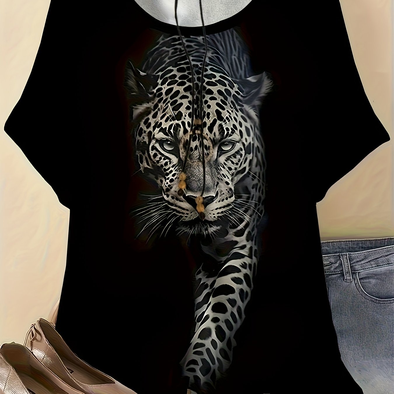 TEMU Plus Size, Plus Size - Women's Plus Size Print T-shirt - Casual Short Sleeve Crew Neck, Comfortable Summer Top, Summer Casual Wear | Leopard
