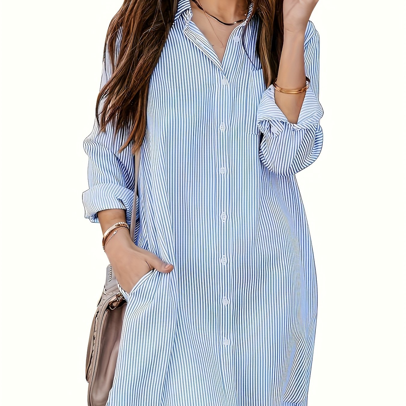 TEMU One-piece Women's Elegant Striped Button-up Dress, Hand Washable, Beautiful Long Button-up Shirt