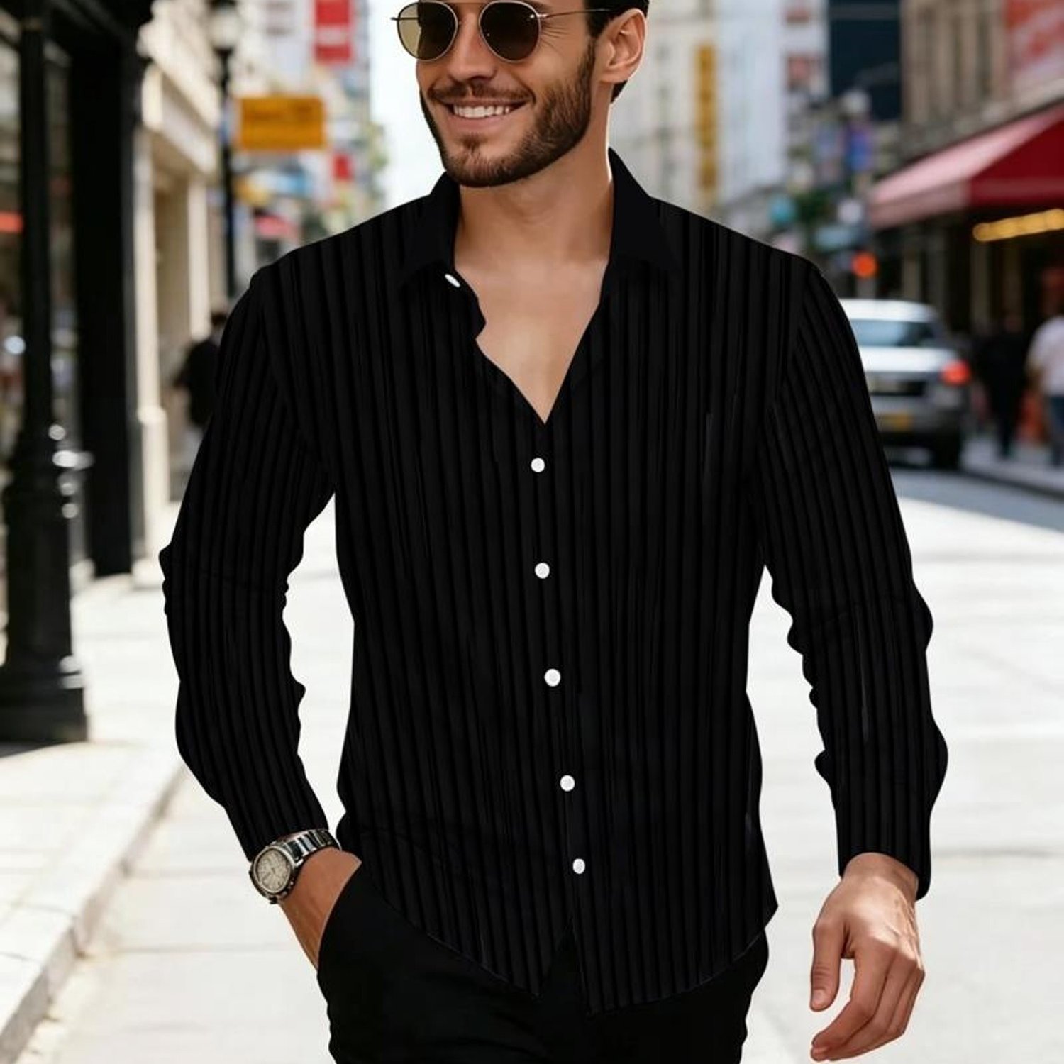 TEMU Vertical Striped Long Sleeve Men's Shirt, Texture Easy Premium, Dark Base Slimming Versatile, Business Casual Multi-scene [printed Design-not