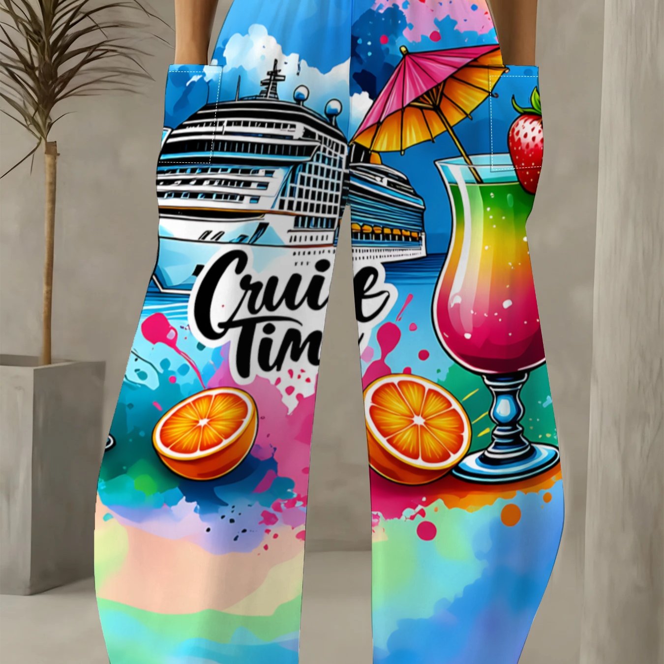 TEMU Women's Wide-leg Pants With American Vacation Cruise Print, Loose And With Pockets, Featuring A Colorful Cocktail Fruit Pattern For Casual Wear