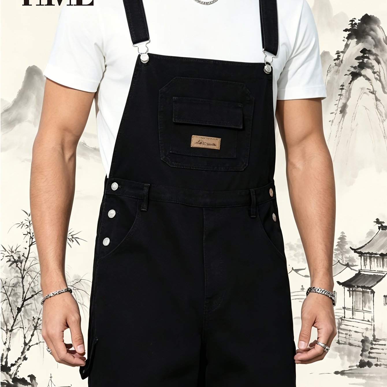 Image of Hme Men's Black Denim Overalls, Style Workwear Jumpsuit, Loose Wide-, Multi-, Adjustable Shoulder Straps, Wear-resistant And Durable, Suitable For Daily And Outdoor Casual Workwear Trousers