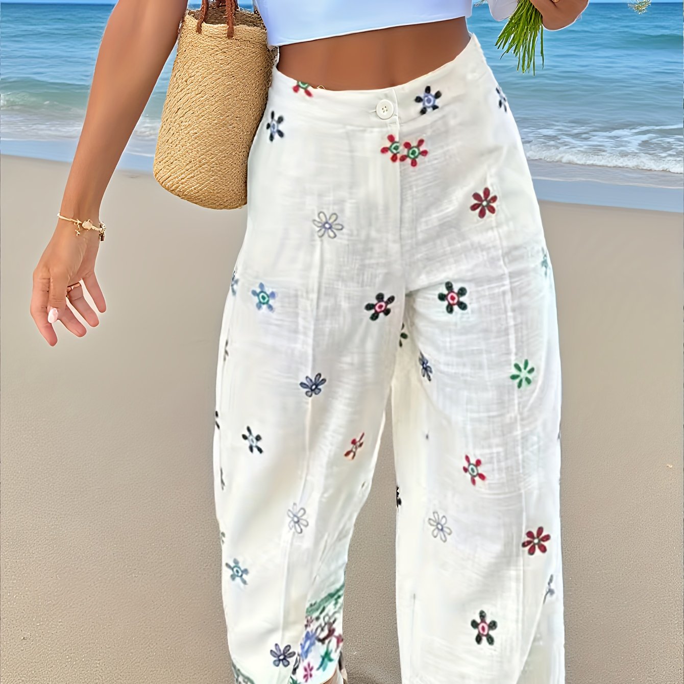 E-shop Damen Casual Hose mit halb-elastischem Bund, lockere Weitbeinige Hose, modische Lounge-Langhose