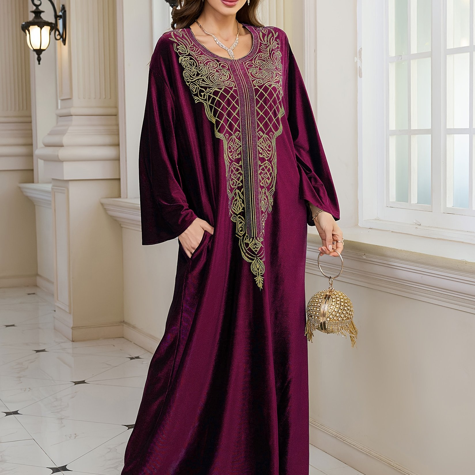 Image of Edolynsa Wine Red Embroidered Round Neck Long Sleeve Ethnic Maxi Dress Middle Loose Fit Vacation Casual Kaftan Robe Cover-up Q1795
