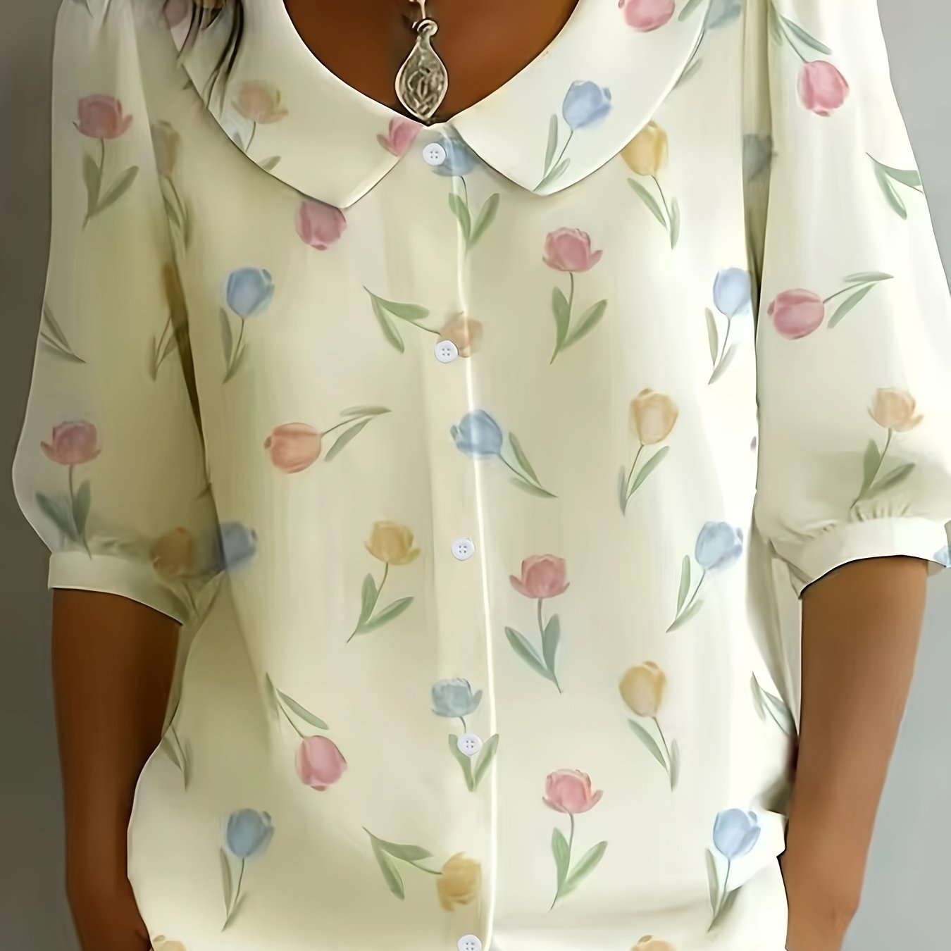 TEMU French Retro Multicolor Tulip Peter Pan Collar Puff Sleeve Short Sleeve Shirt, Women's Breathable Lightweight Casual Loose Blouse