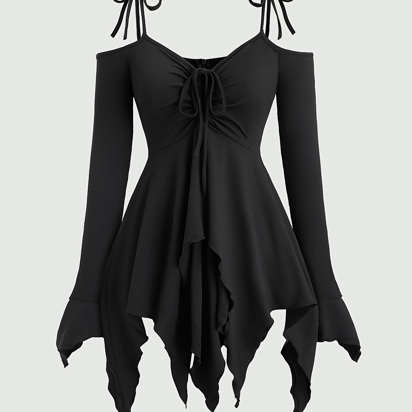 Image of Women's Gothic Romantic Sweet Cute Black Long Sleeve Dress With Front Tie And Front , Solid Simple Babydoll Dress For Halloween And Easter