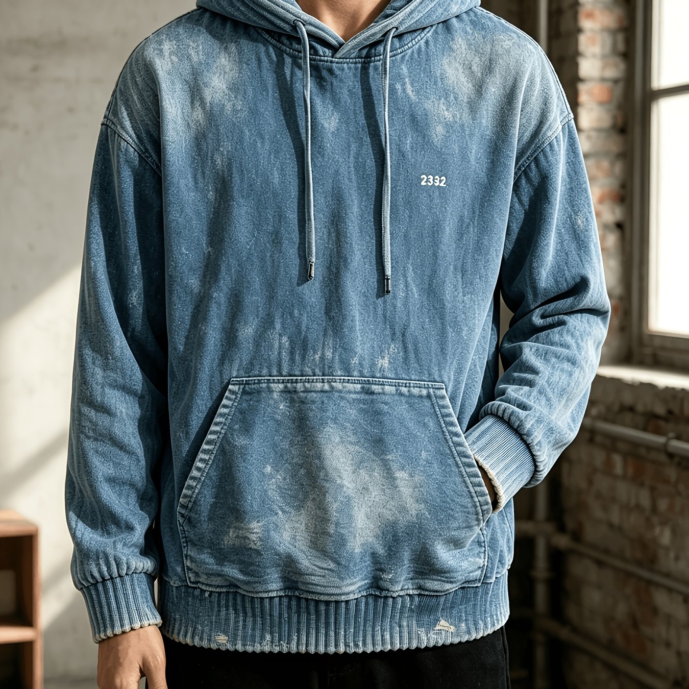 Image of Men's Denim Blue Washed Hoodie Vintage Distressed Frayed Pullover Sweatshirt Acid Wash Streetwear Casual
