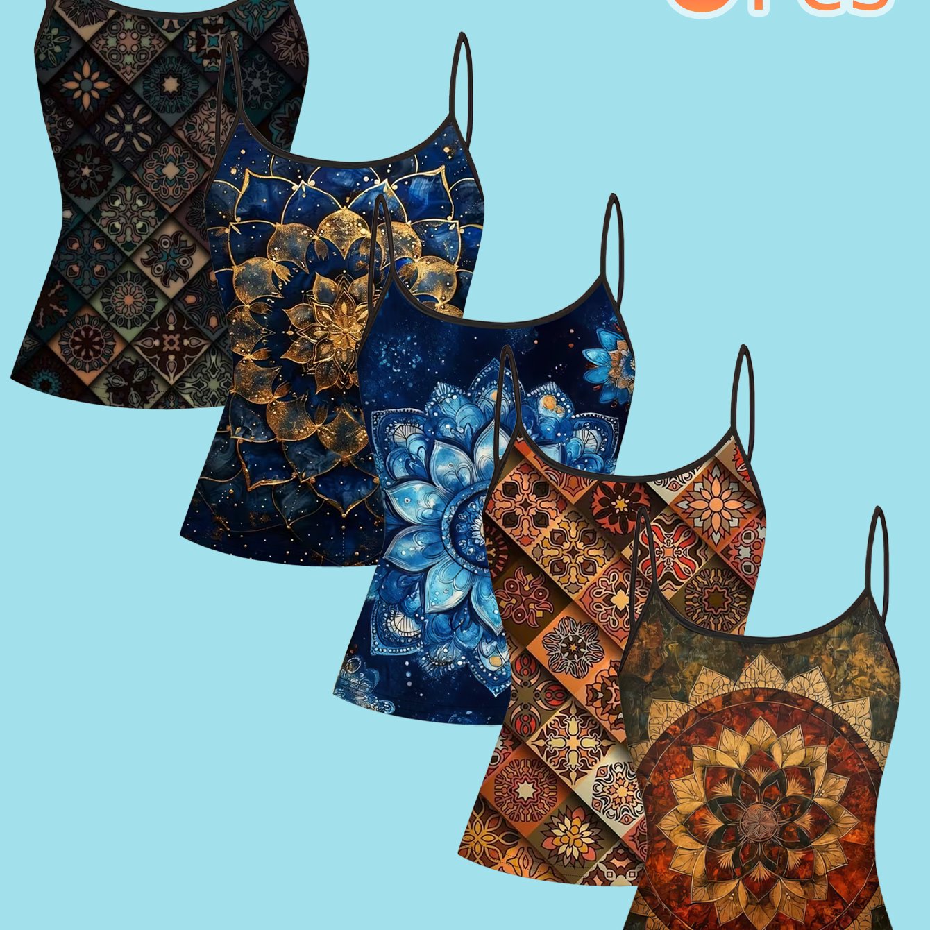 TEMU Set Of 5 Exotic Mandala Print Camisoles, Featuring A Vibrant Retro Ethnic Style, Popular Trendy Women's Tops