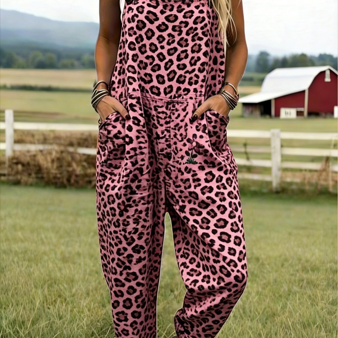 TEMU Plus Size - Women's Printed Overalls, Cute Cartoon Snake Print And Leopard Print Pattern, Casual Loose-fitting Suspender Pants, High-waisted