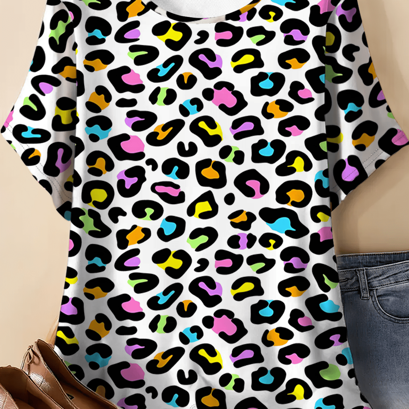 TEMU Colorful Leopard Print Spots Fashion Short Sleeve Loose Plus Size Round Neck T-shirt Individual Trendy Sports Casual Top Women's