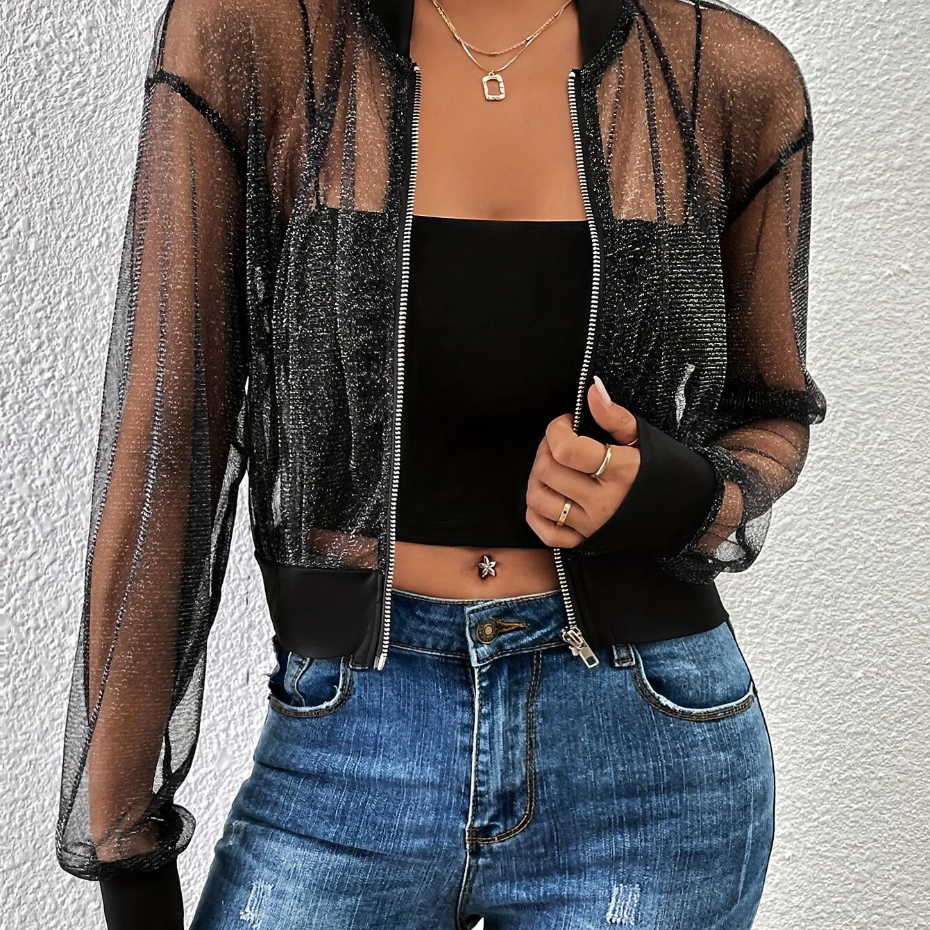 Women's Elegant Sheer Mesh Long Sleeve Jacket - Black Zip-up Crop Top With Ribbed Cuffs, Breathable Summer Outerwear For Casual Or Stylish Outfits, Apparel, Sleek Zipper Closure, Delicate Fabric
