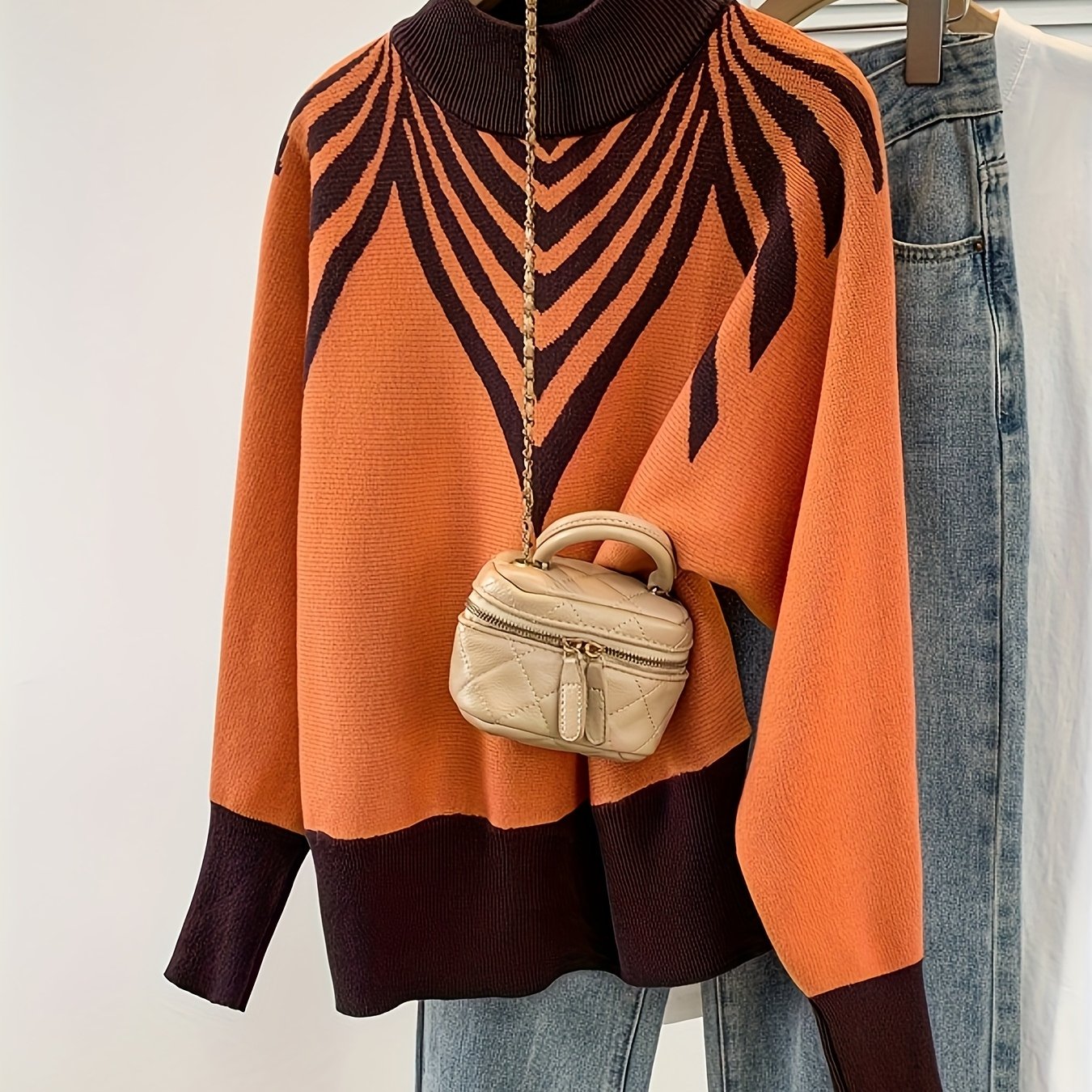 Image of Fashionable High-end Autumn/winter New And Luxurious Sweater, Super Good-looking Collar Color-block Jacquard Top
