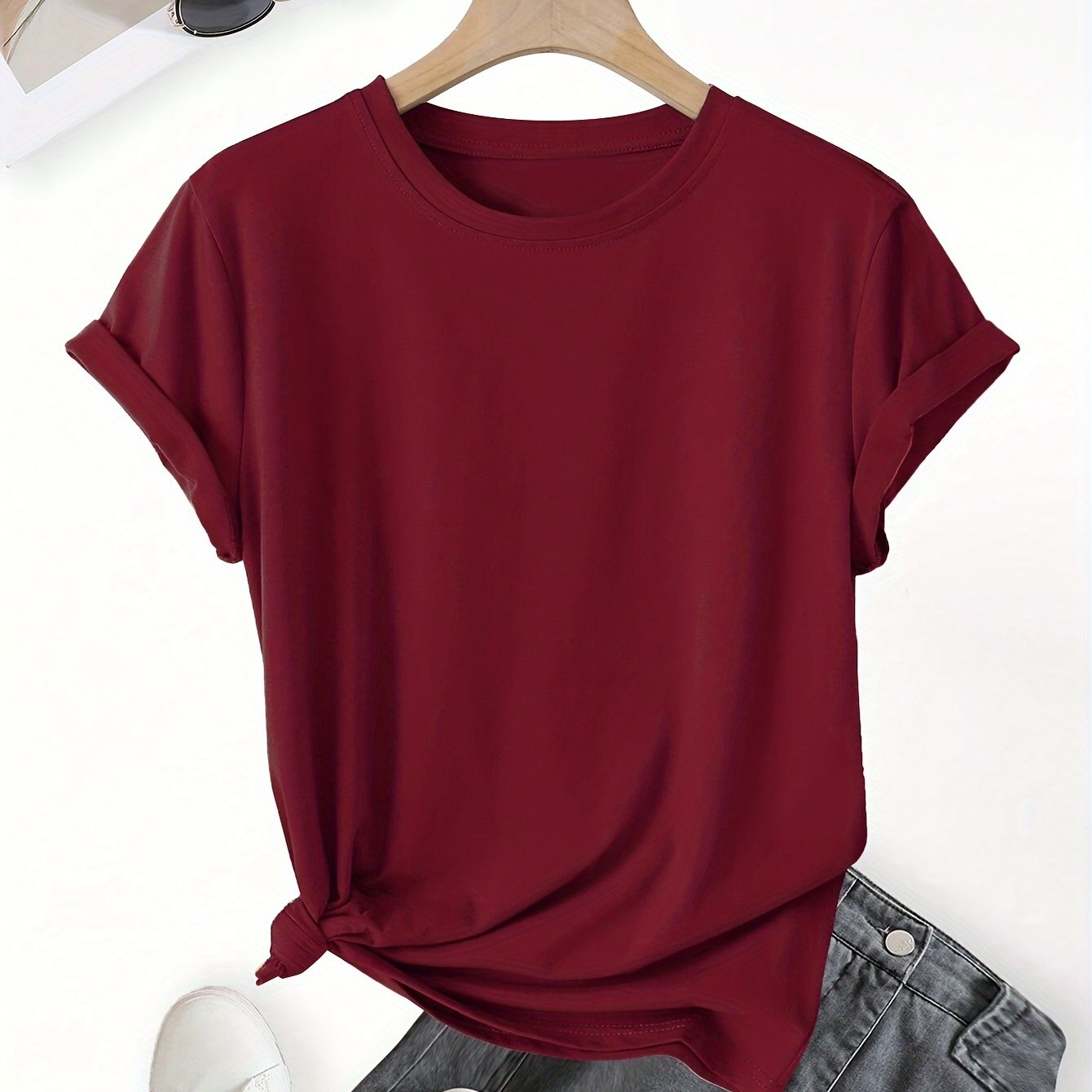 TEMU Solid Color Crew Neck T-shirt, Casual Short Sleeve Top For Spring & Summer, Women's Clothing