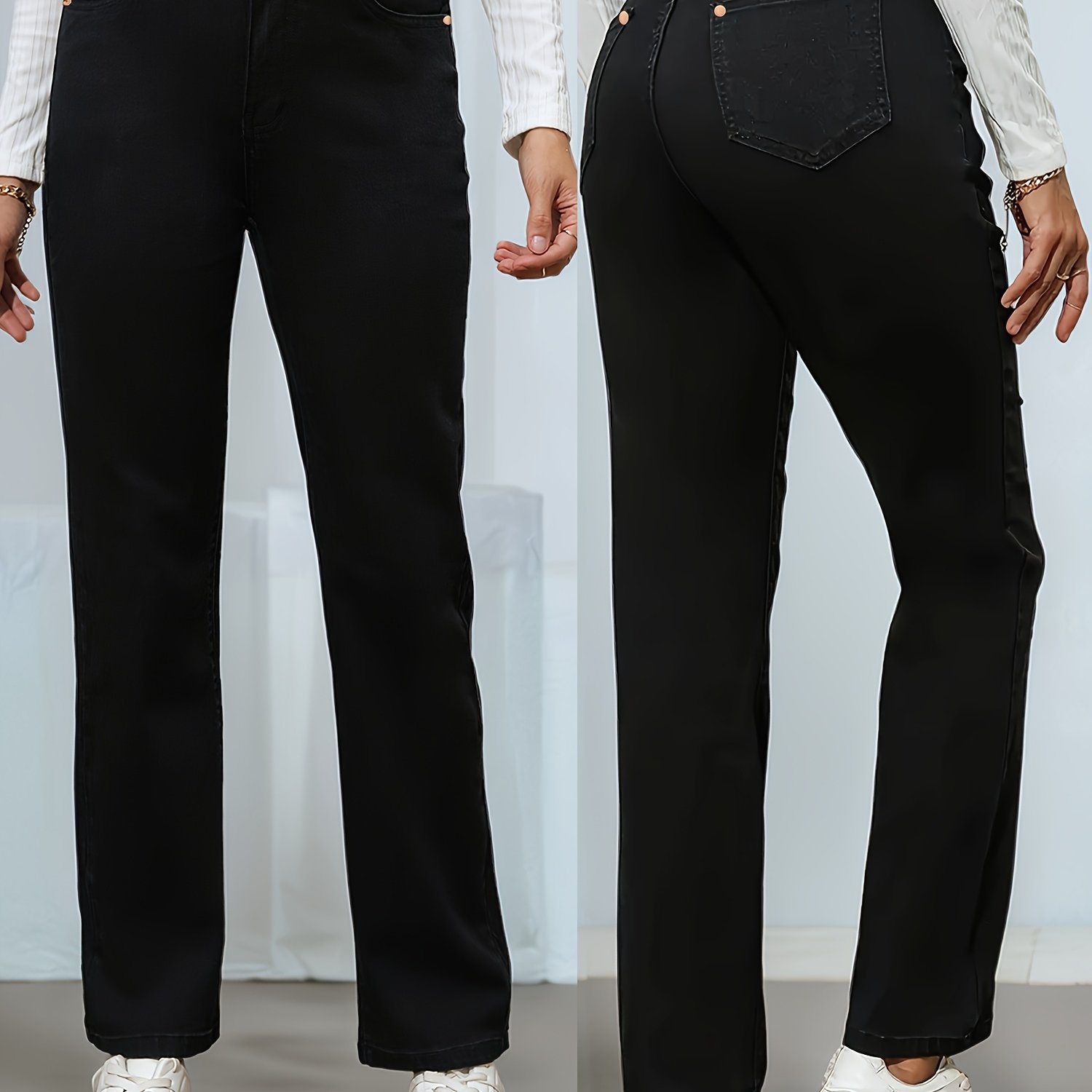 Elastic Women's Jeans, Fit Solid Color Straight Leg Casual Fashion Pants For Outing