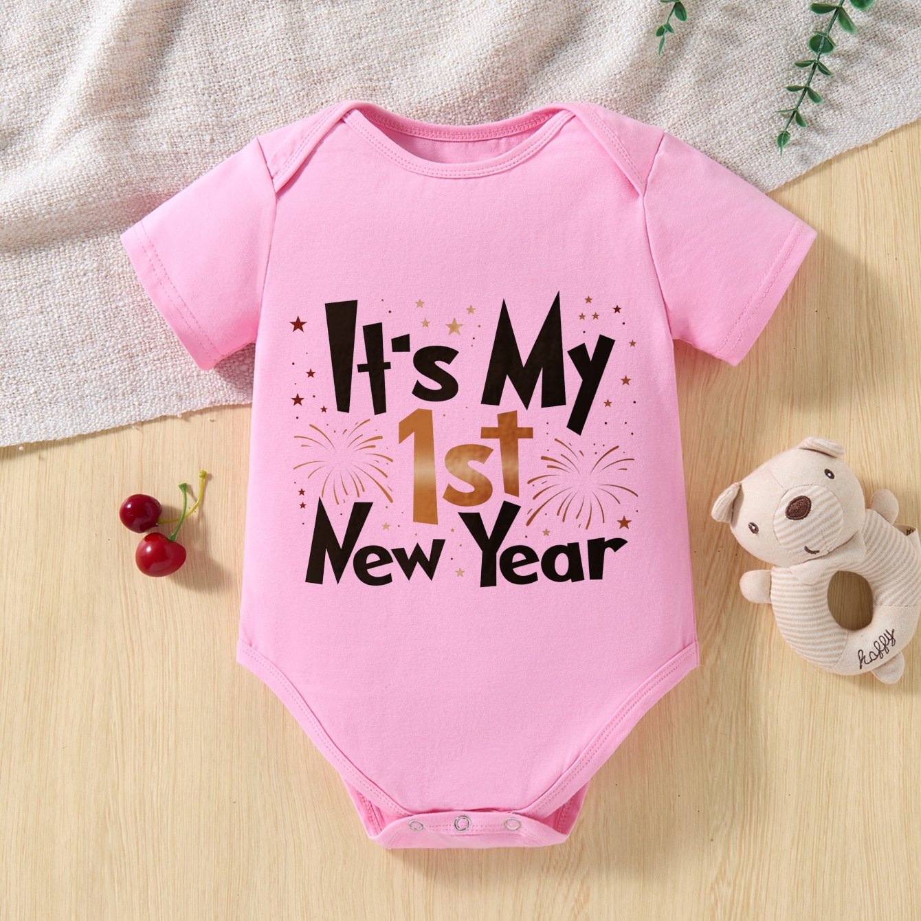 Image of Baby Onesie Short Sleeve My 1st New Year Fireworks Print For Newborns And Infants Unisex Breathable Comfortable Pure Outdoor Wear In 4 Colors, For Outdoor