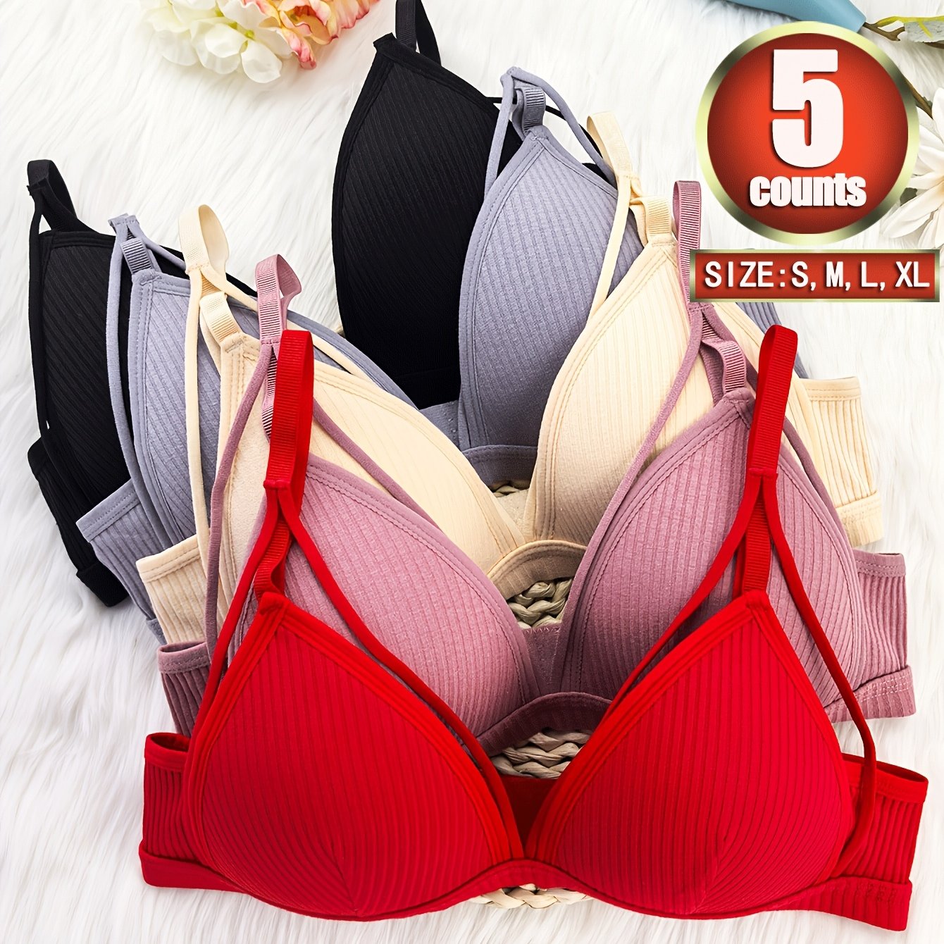 TEMU 5pcs Women' Color Comfortable Bra, Wire-free Casual Bra, New Women's Underwear, Autumn/winter Style