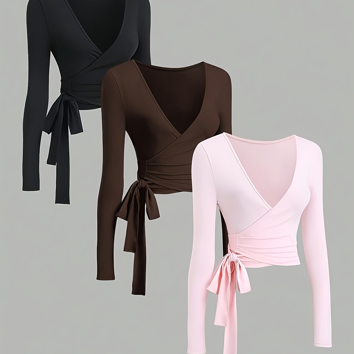 TEMU Ensemble 3 pièces pour femme : T-shirt court à manches longues, col en V, noué sur le devant, extensible, simple, décontracté, , , pour , Y