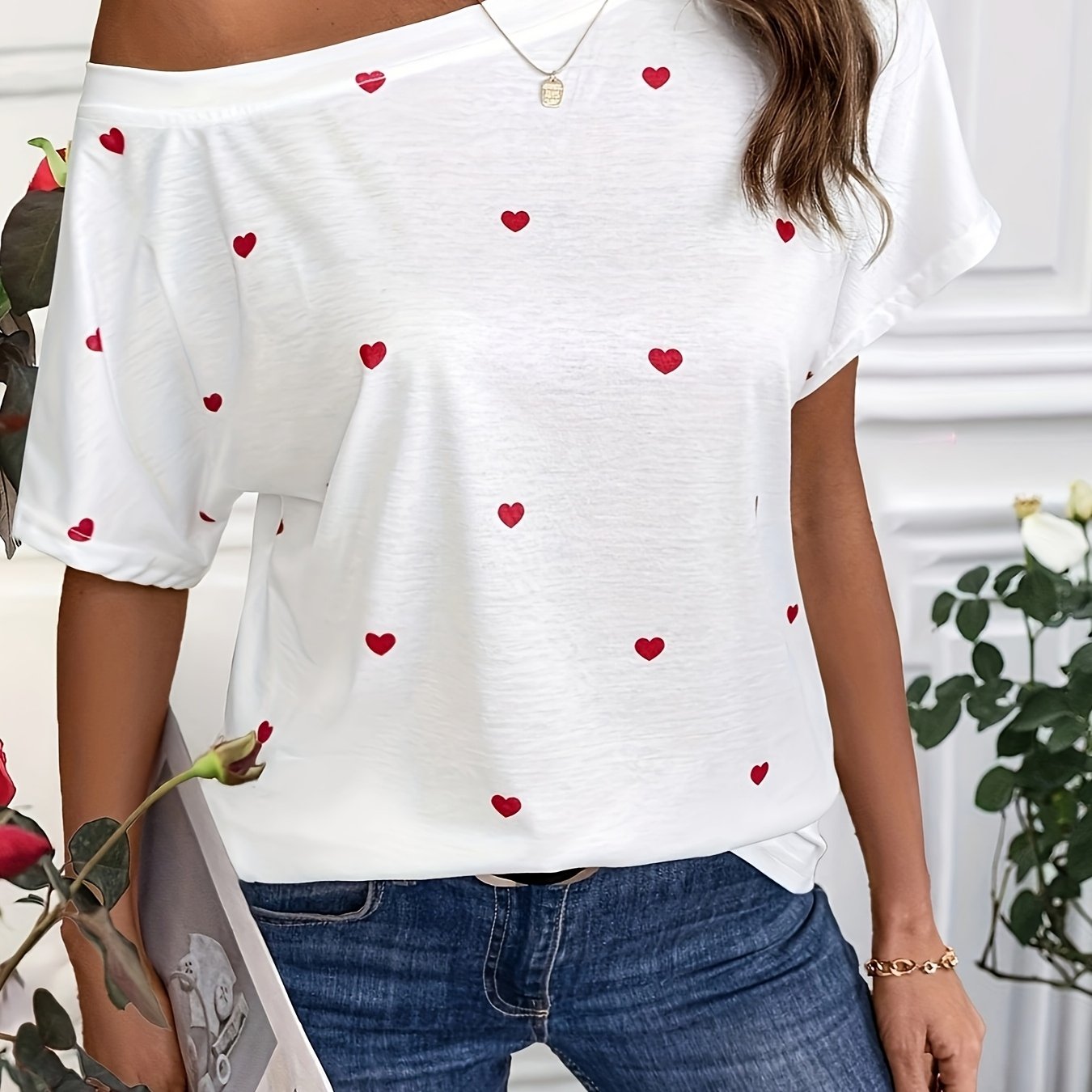 TEMU Camiseta Casual de Mujer con Estampado de y Hombros Descubiertos Asimétricos - Top de Manga Corta para /Verano, Camiseta Blanca Lavable a Máquina con , Ropa de Temporada -Verano, de Tela