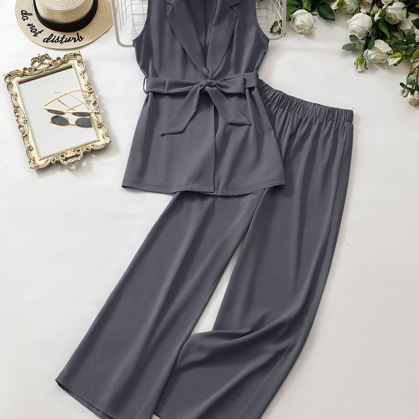 Image of Women' Color Notch Neck Vest And Wide Leg Pants Casual Set, Summer Two-piece Ns702