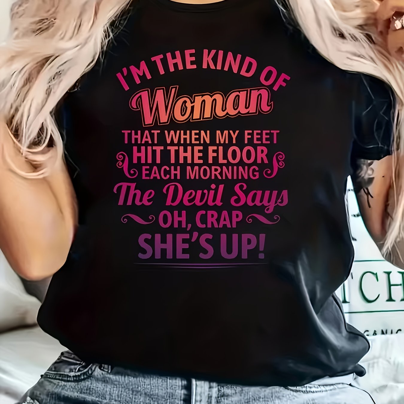 TEMU Women's Casual Short-sleeved T-shirt - And Individual Quotes With Geometric Prints, Black With Pink And Purple Letters, Round Neck Design,