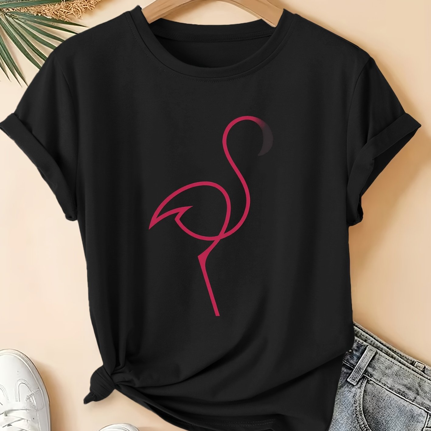 TEMU Women's Summer Clothing Pink Flamingo Round Neck Short-sleeved Plus Size Women's T-shirt Fashionable Commuting And Vacation Daily Versatile