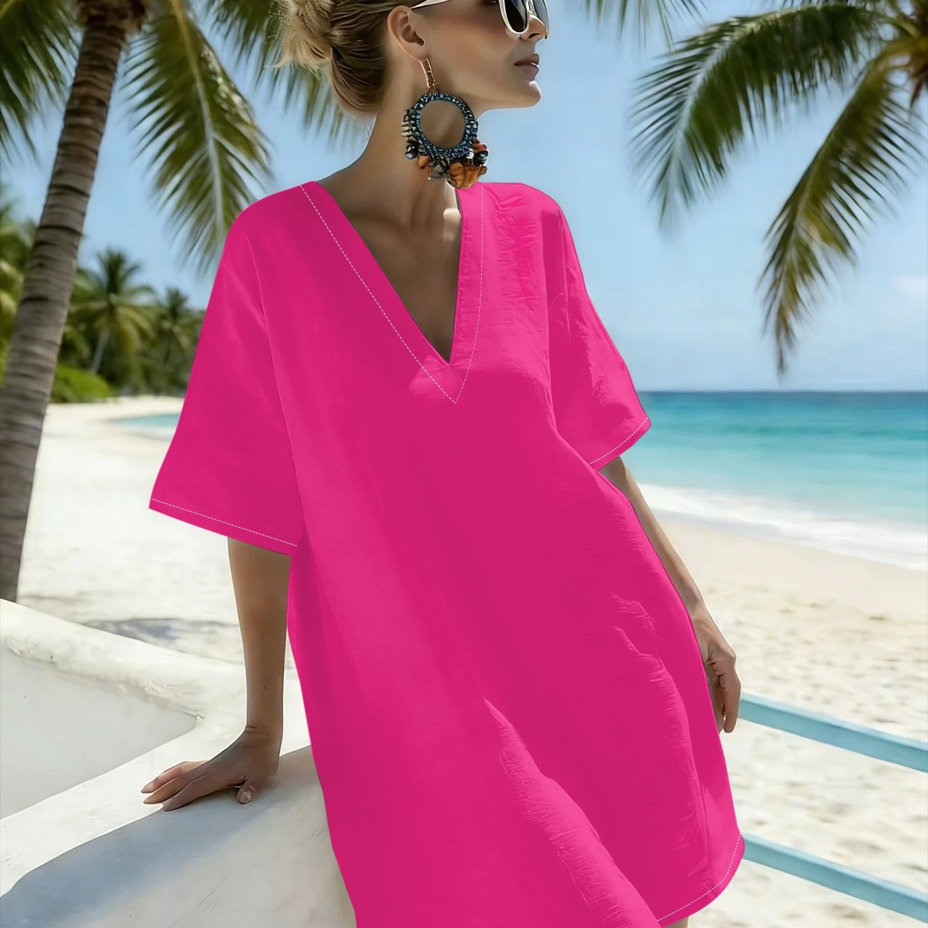 TEMU Women's Casual V-neck Dress, Solid Color V-neck Loose Short Sleeve Summer Lightweight Breathable Midi T-shirt Dress, Versatile Top