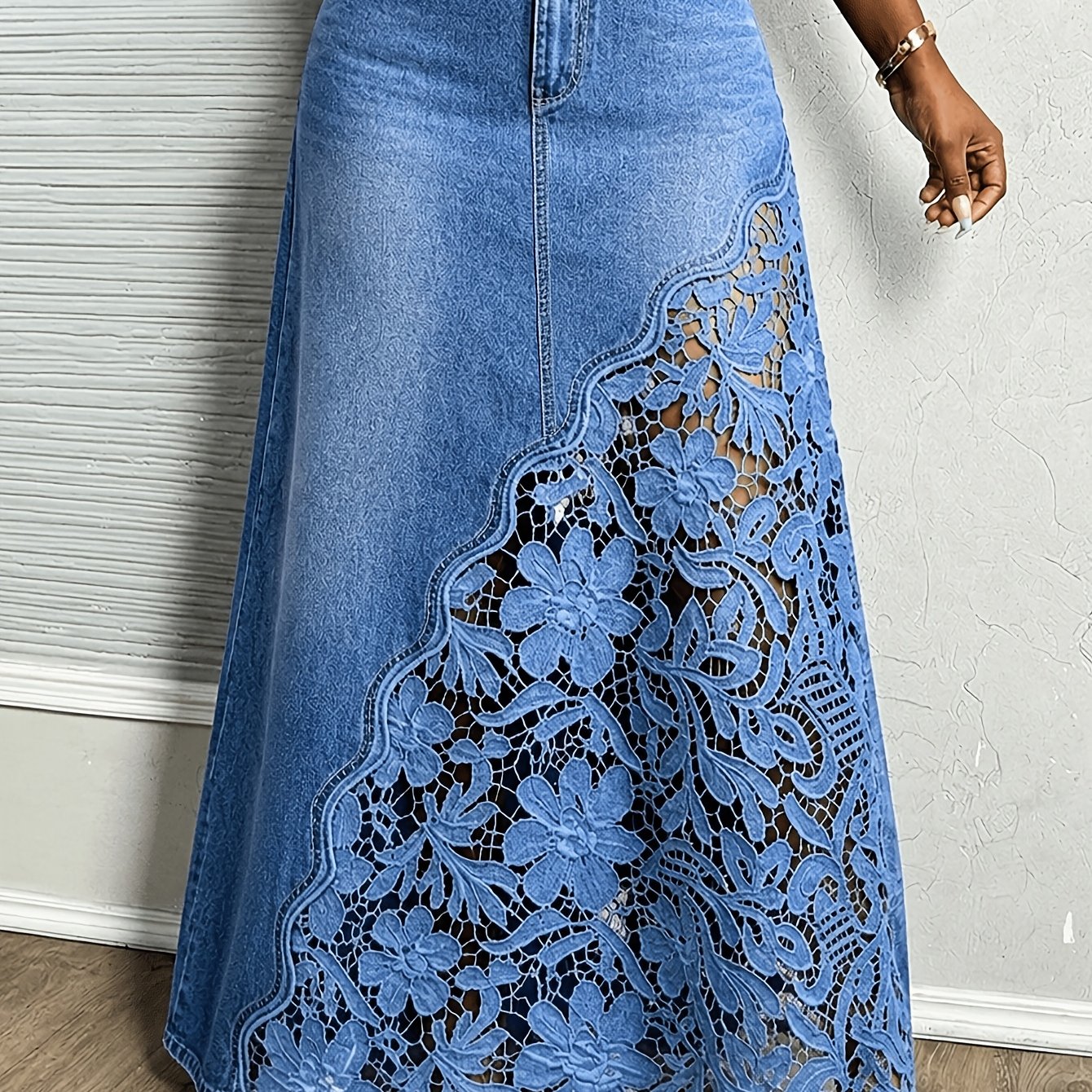 TEMU Women's Vintage Maxi Skirt Featuring A High-waisted, A-line With A Flared Hem, Accented By Floral Lace Cut-out Detailing- A Versatile, Casual