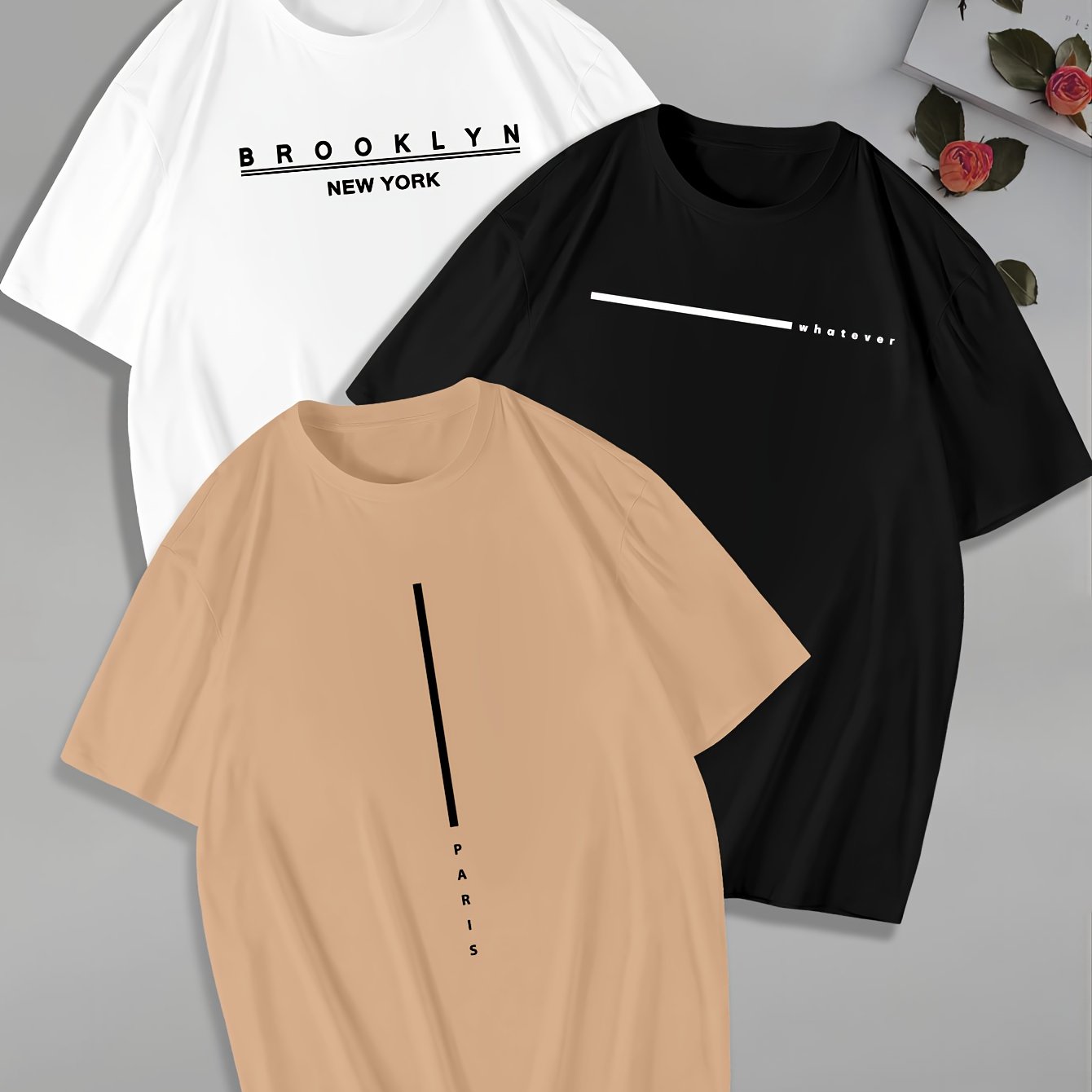 TEMU Three-pack Of Plus-size Men's T-shirts, Versatile Pattern Print Round Neck Short Sleeves, Plus Size