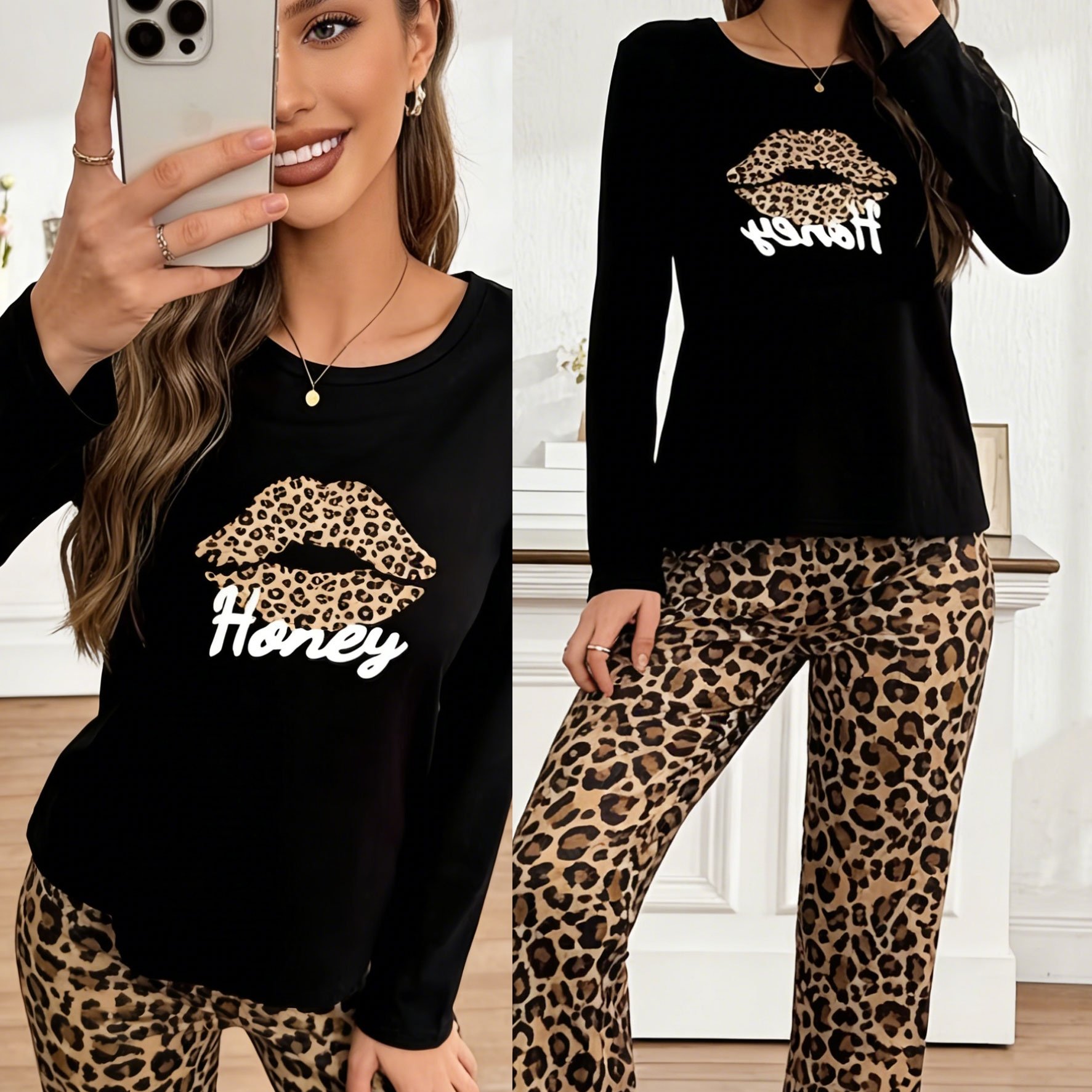Image of Women's Casual Leopard Print Long Sleeve Top And Pants Fall Winter Pajama Set